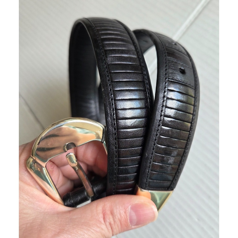 Mezlan Belt Mens 30 Black Leather Silver Tip Western Dress Ribbed Made in Spain